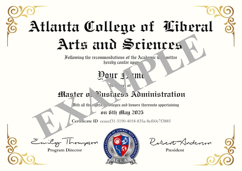 Master of Business Administration — sample degree certificate issued by ACLAS