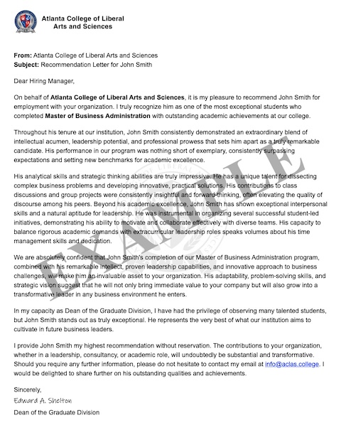 Master of Business Administration — sample letter of recommendation issued alongside an ACLAS award