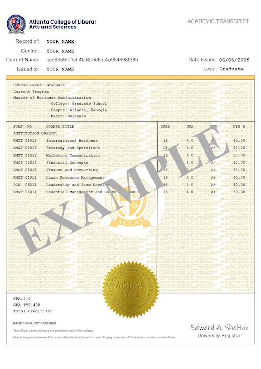 Master of Business Administration — sample ACLAS academic transcript showing completed courses and grades