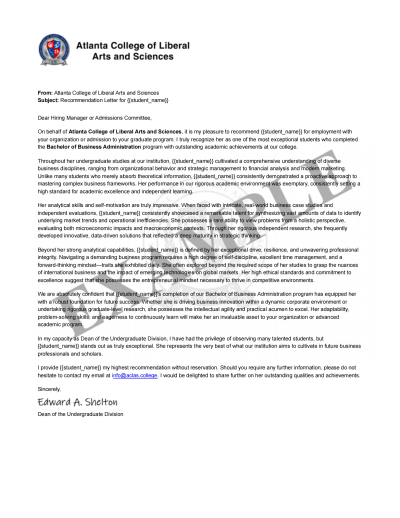 Letter of Recommendation sample